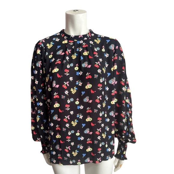 Boden Black Mock Neck Blouse with Colorful Flower and Cherries Design Women's 14 - Picture 5 of 14